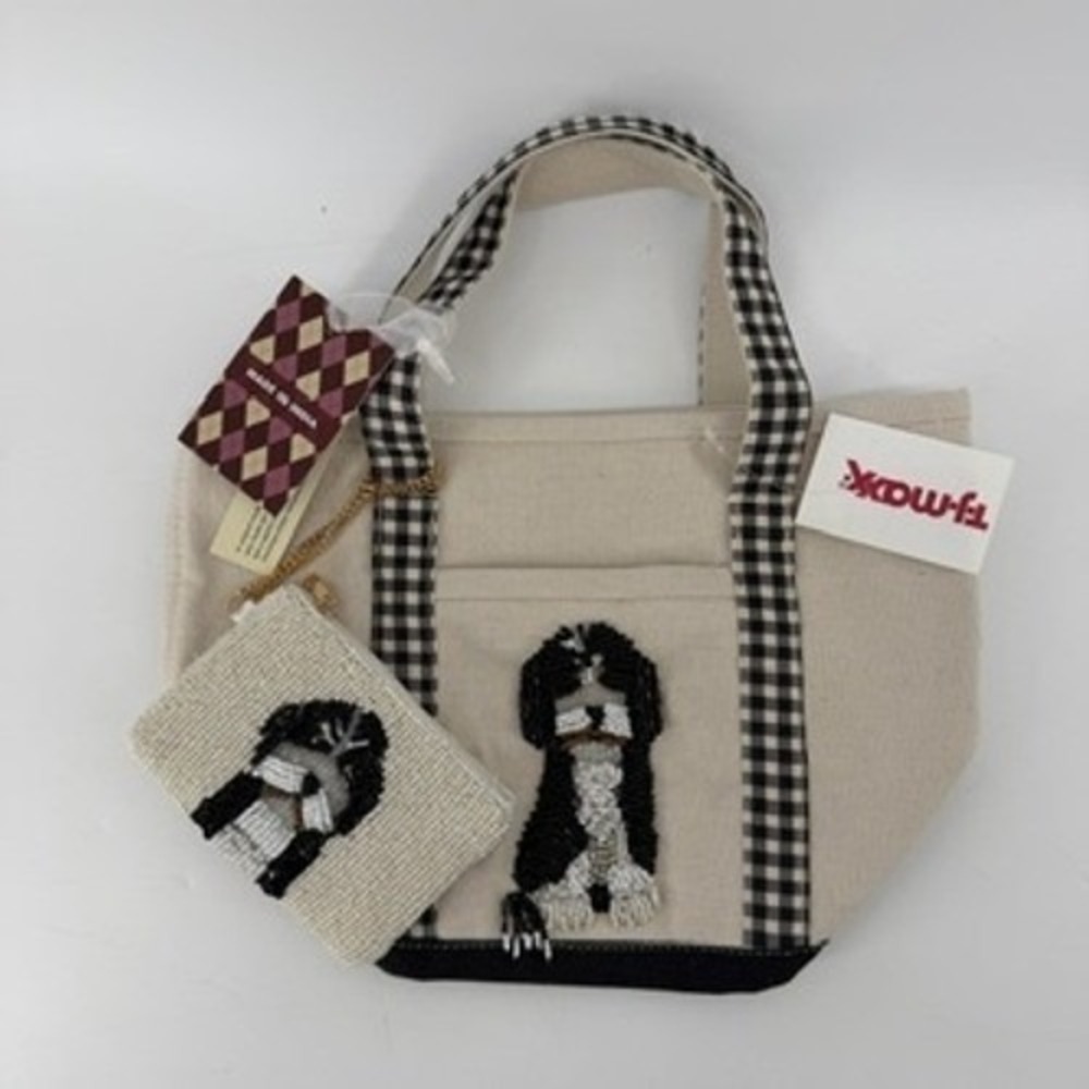 Bernedoodle Beaded Dog Canvas Tote Bag with Matching Coin Pouch Gingham Straps